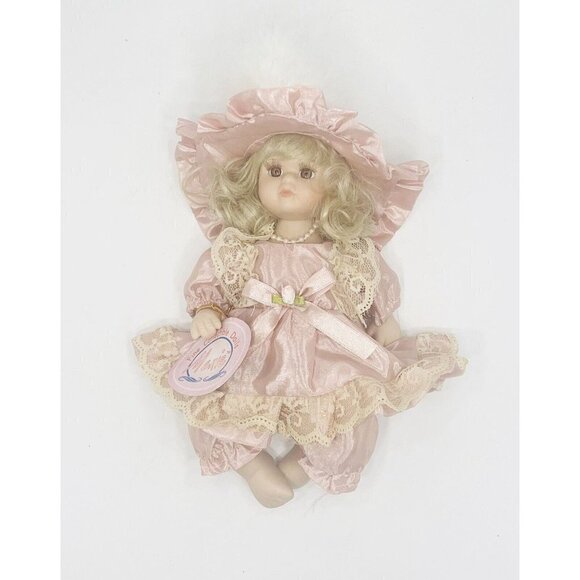Menie Porcelain Doll 8” Blonde Brown Eyes Satin Pink Dress Lace Hat Dusty Rose - Picture 3 of 8